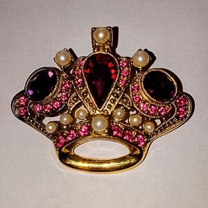 Crown Pin Brooch Gold Tone Purple Red Rhinestones Pearl